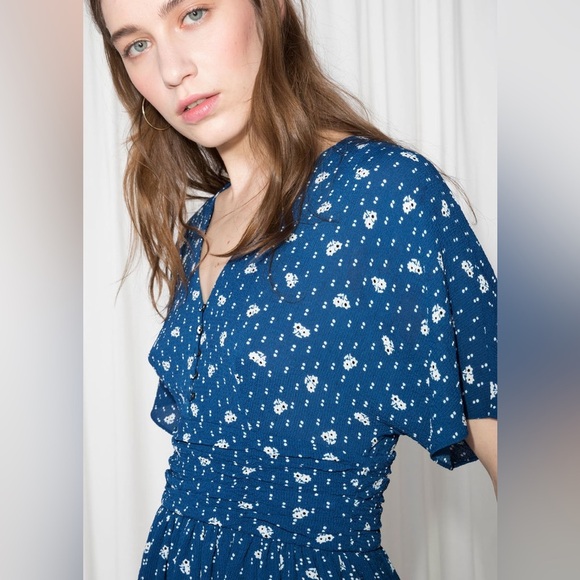 & OTHER STORIES Blue Floral White Polka Dot Flared Mini Summer Dress Size 10 - Picture 1 of 10